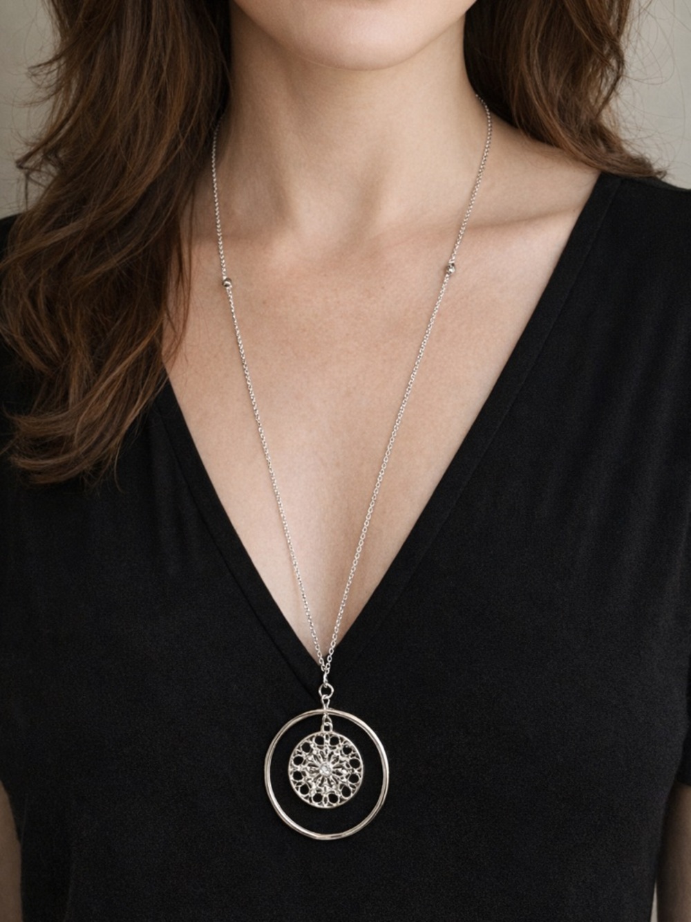32” Silver Filigree Medallion Necklace — Elegant, Sparkling, Layer‑Ready